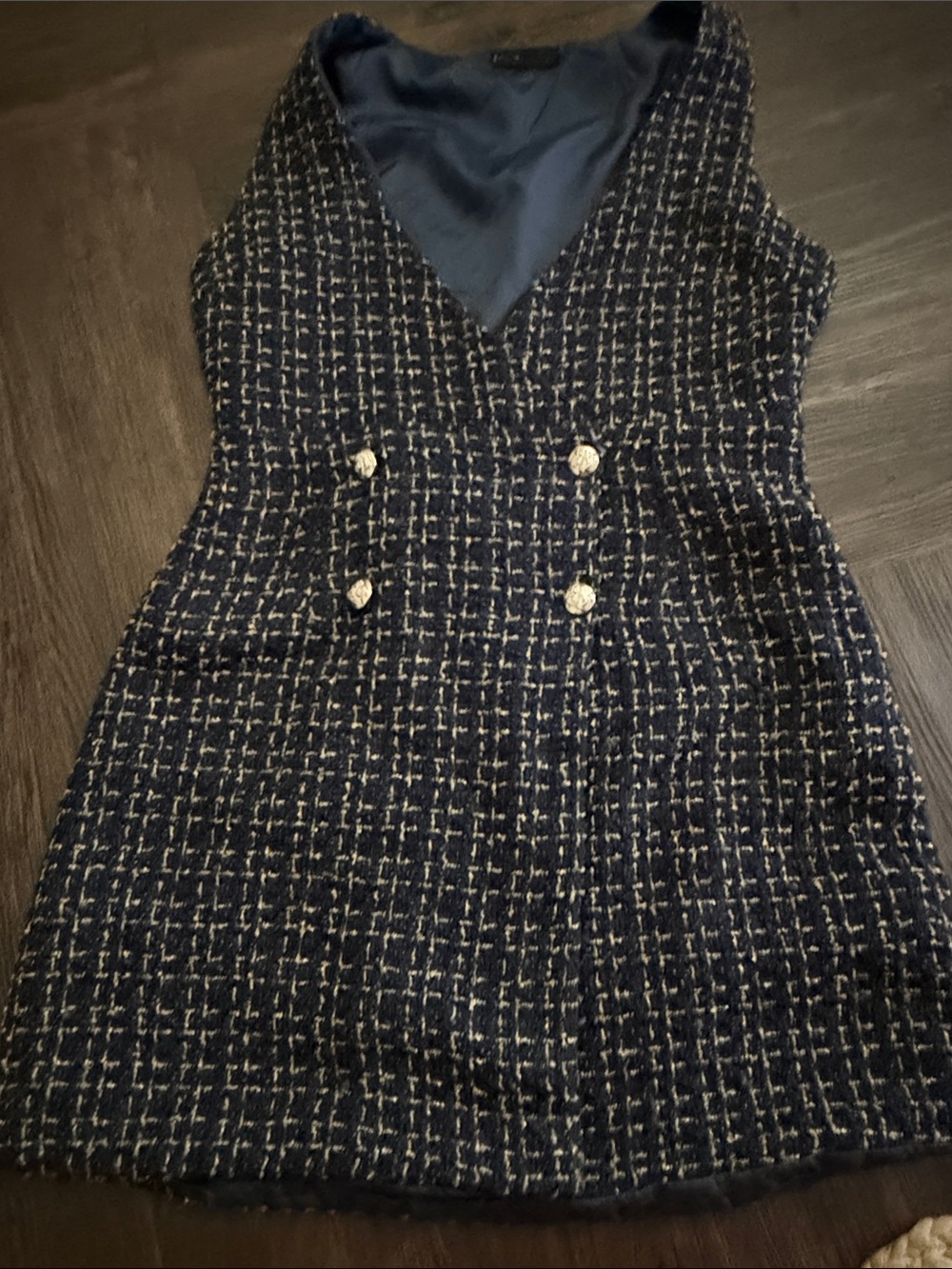 Sleeveless Navy Tweed Dress with Button Detail